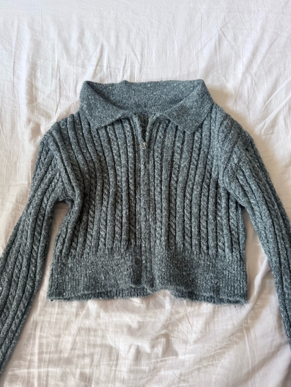 Cropped Cable Zip Polo Sweater - Gray